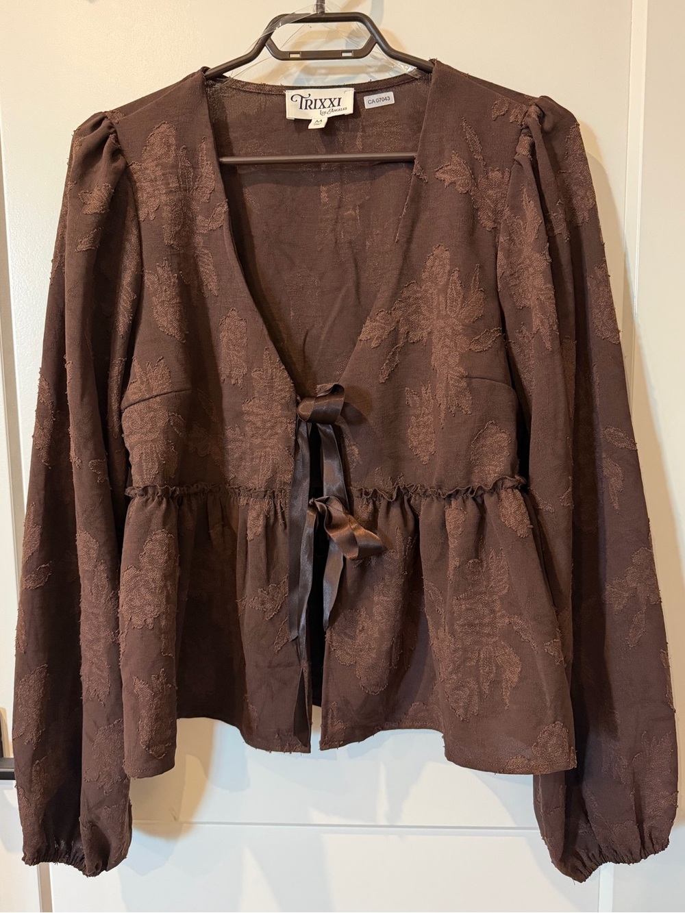 Brown Tie-Front Long Sleeve Blouse